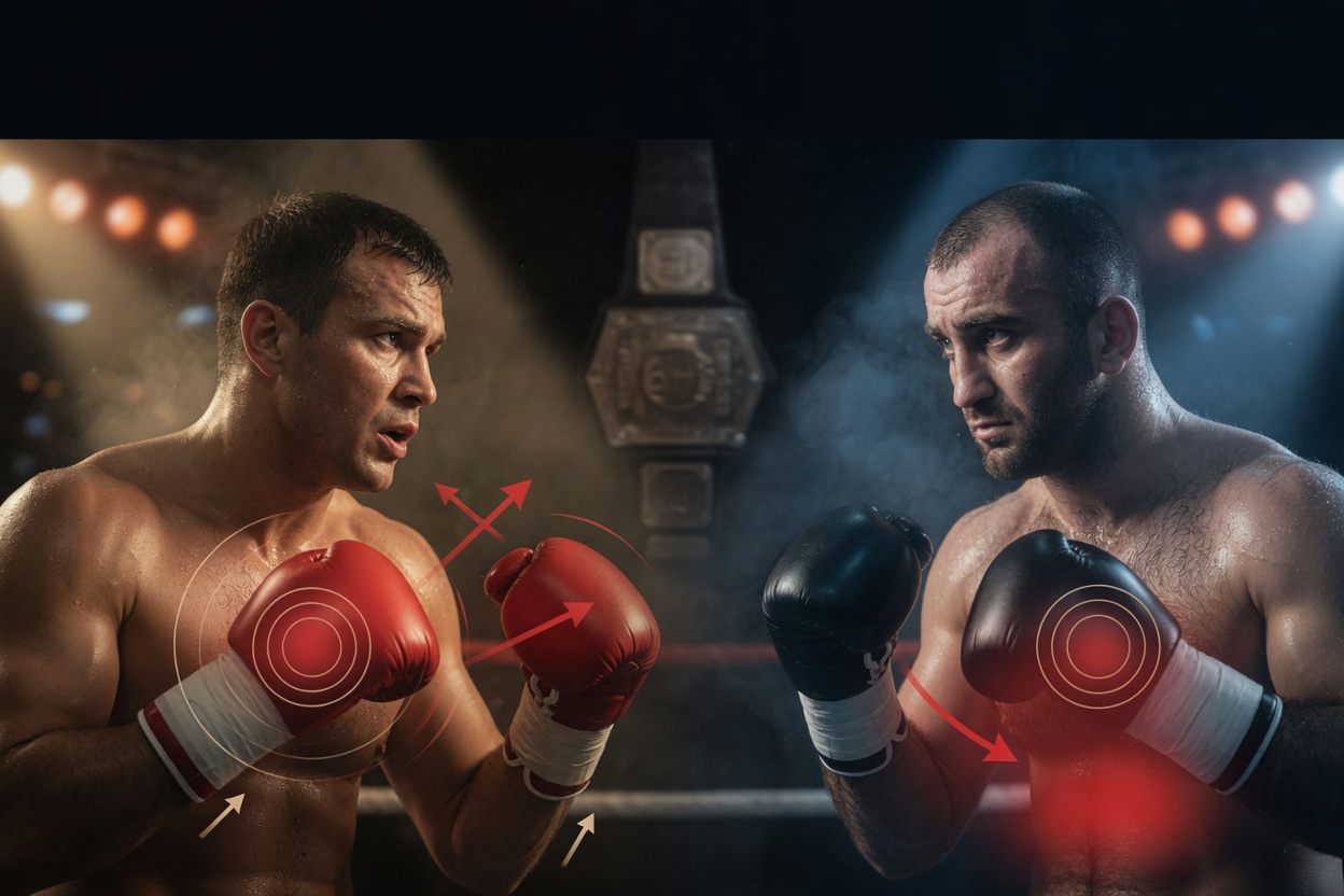 Photorealistic ringside stare-down scene: Peter Kadiru (left) and Murat Gassiev (right) nose-to-nose, side-lit by